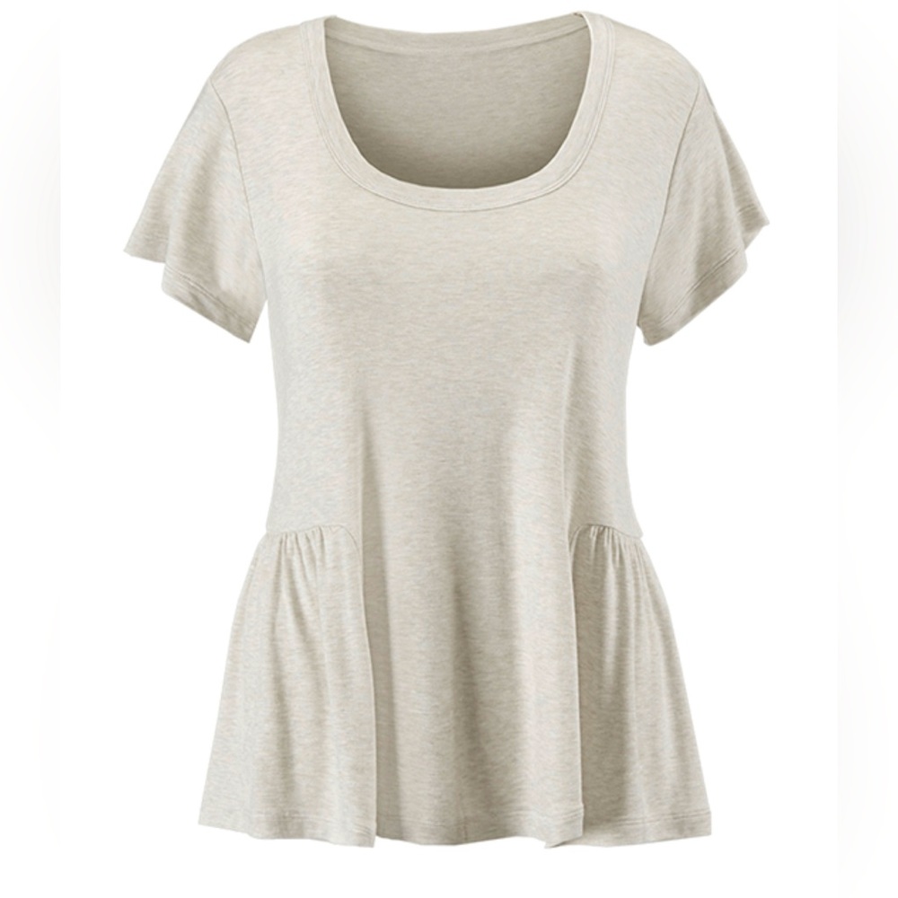 CAbi Hangout Tee 5326 Peplum Ruffle Oatmeal Short Sleeve Top Size Medium